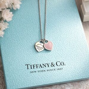 Authentic Tiffany & Co Pink Enamel Double Mini Hearts Pendant Necklace
